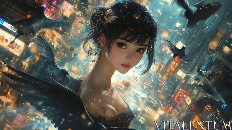 Nocturnal city muse amid swirling ravens and neon rain.