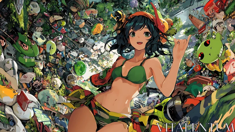 Anime girl in green swimwear amid dense floating debris.
