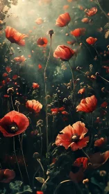 Red Poppies Backlit by Golden Sunlight.