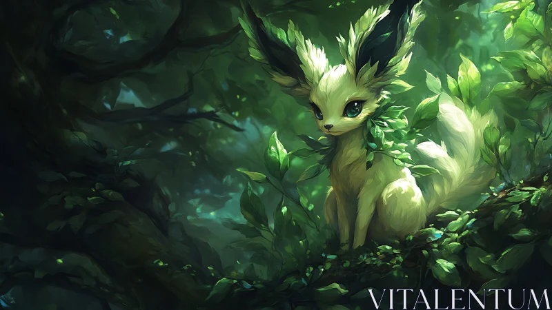 Forest spirit fox with luminous foliage and emerald eyes.