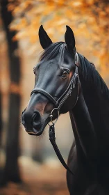 Graceful black horse gazes softly through warm autumn light