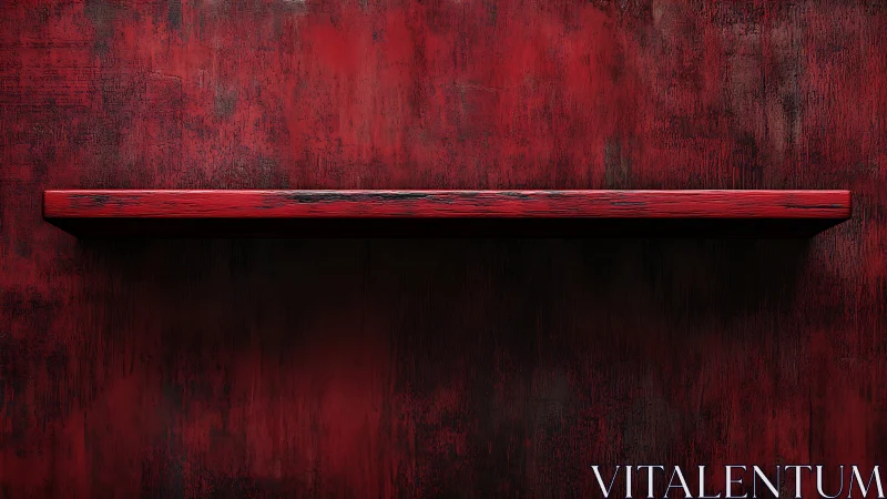 Red wooden shelf on textured red wall background.