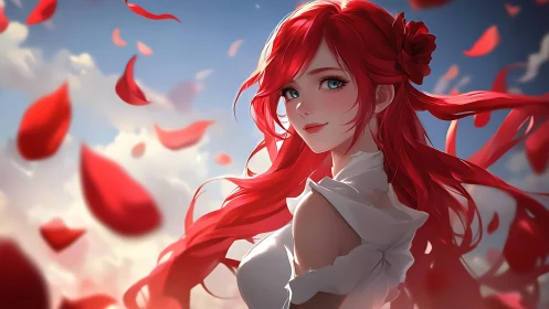 Red haired anime girl amid falling rose petals at dusk.