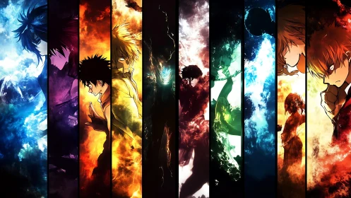 Vertical anime character panels divide elemental color fields