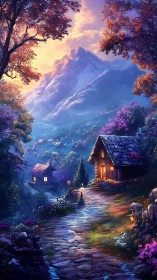 Mountain village cottages beside winding cobblestone path.