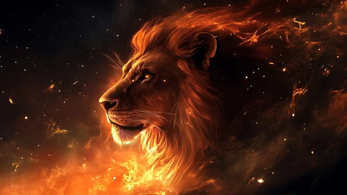 Fiery cosmic lion head emerges through swirling stardust