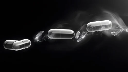 Transparent Capsules in Motion on Black Background, Futuristic Style.