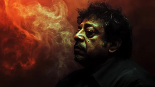 Low-key male portrait in side profile with swirling smoke field