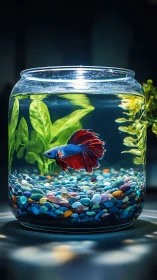Vibrant betta fish in minimalist glass bowl aquascape.