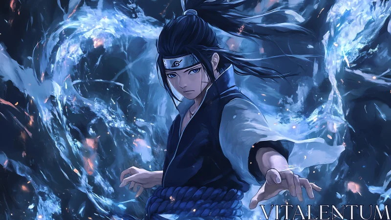 Stormlit ninja channels swirling water and quiet power.