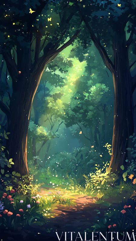 Glowing Forest Portal with Butterflies and Flowers