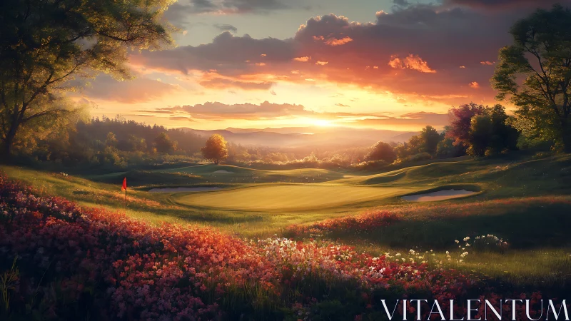 Sunset illuminates golf green amid wildflower covered hills