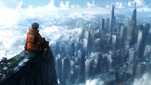 Hooded figure observes dense futuristic city from high ledge