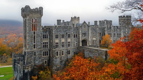 Stone fortress rises over vivid autumn forested hillside.