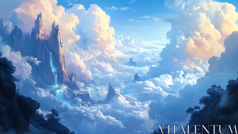 Ethereal cloudscape with cascading skyward cliffs in digital painting.