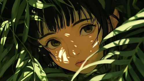 Anime portrait in dappled jungle light with close foliage framing.