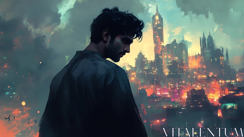 Solitary figure overlooking neon-lit dystopian megacity skyline.