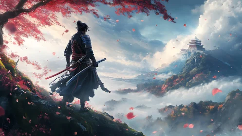 Samurai on misty cliffs gazing toward a sky temple dream.