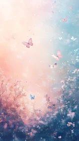Digital butterflies move above abstract pastel foliage scene
