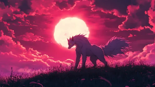 Wolf-like creature silhouetted before large red moon.