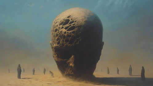 Colossal desert skullhead brooding over robed wanderers.