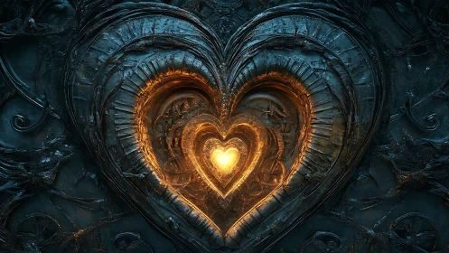 Nested heart geometry with radiant gold luminescence against deep teal relief surface