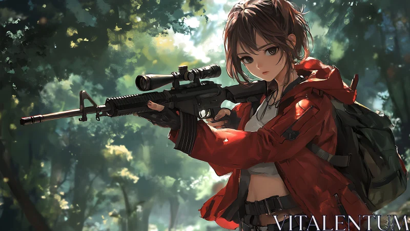 Forest scout girl steadies her rifle with calm focus
