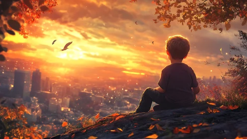 Child on autumn hillside observing luminous city sunset
