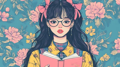 Bookish girl stands against floral backdrop in pastel hues