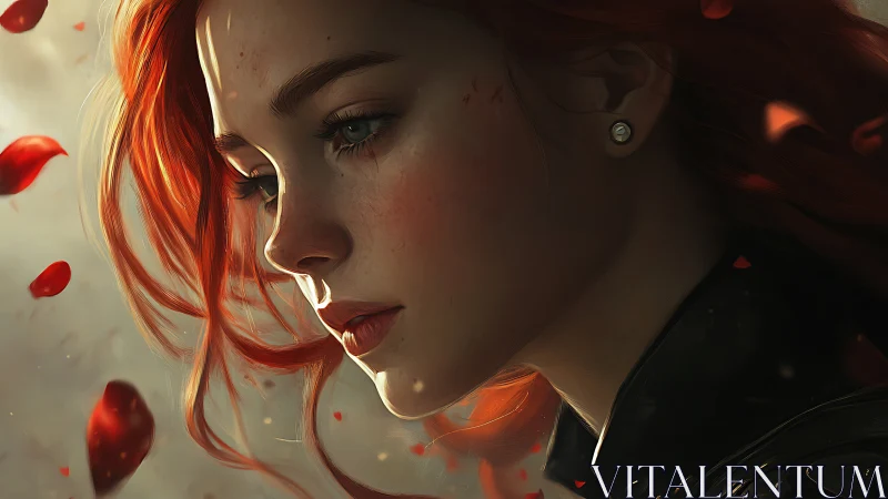 Red-haired warrior in quiet contemplation among petals.