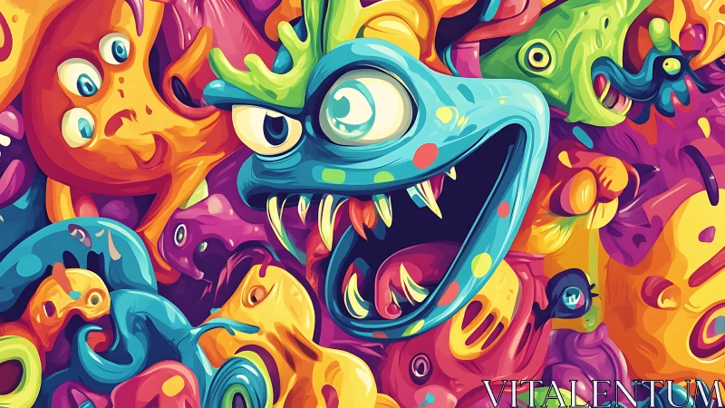 Vibrant cartoon monsters explode in a chaotic neon swirl