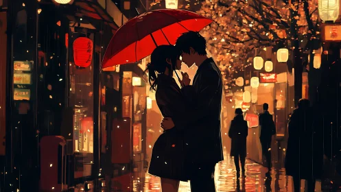 Couple sharing red umbrella in warm city night street.