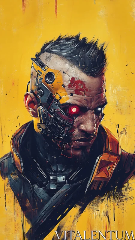 Augmented cyborg portrait with exposed cranial implants and red optic