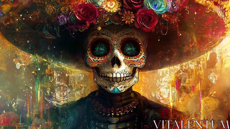 Luminous calavera portrait under ornate floral sombrero.
