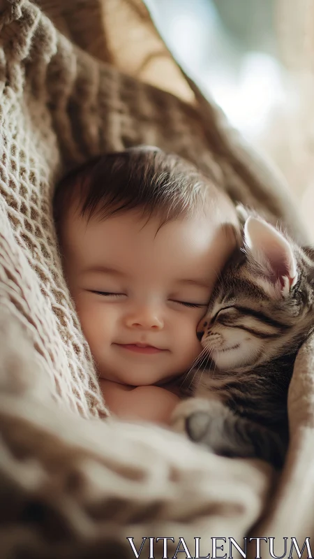 Sleeping Baby and Kitten Embrace in Soft Neutral Warmth