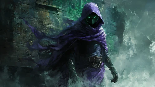 Mysterious hooded wanderer in swirling emerald mist.