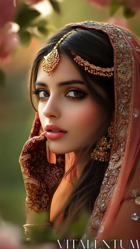 Bridal portrait with henna, jeweled dupatta, shallow depth of field