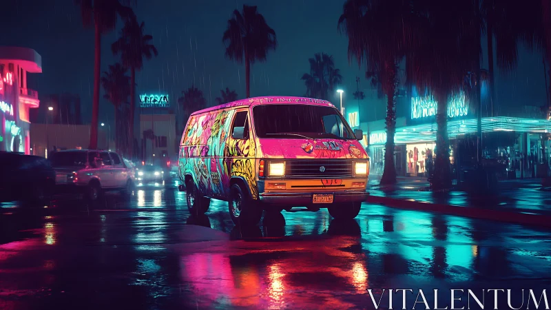 Neon-lit graffiti van in rain-soaked retro city street at night
