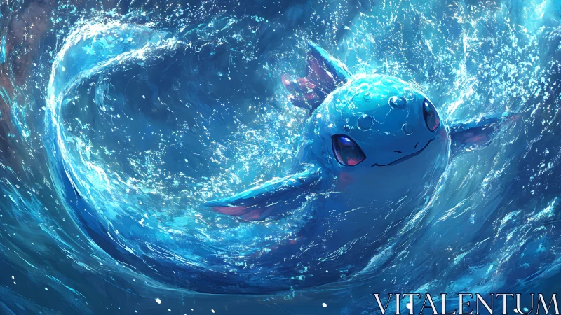 Playful aquatic creature surfing luminous ocean waves.