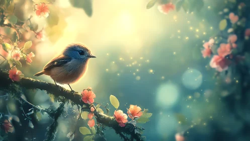 Dreamy Songbird on Blossom Branch in Soft Pastel Fantasy Style.