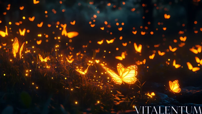 Bioluminescent butterflies in nocturnal forest clearing glow