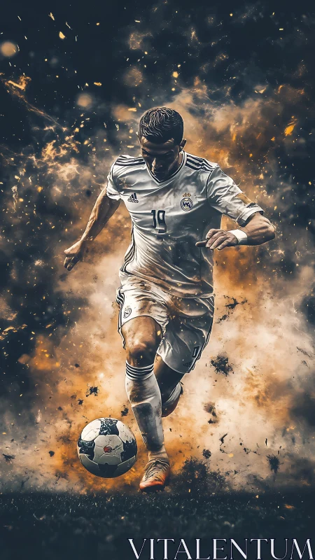 Football player running with ball amid abstract particles.