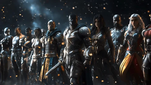 Armored fantasy warriors stand in formation amid glowing embers