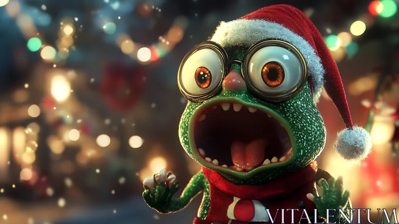 Stylized lizard character in Santa hat against lights background.