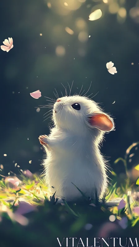 Tiny white mouse delighting in soft drifting petals.