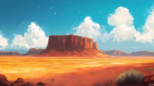 Sunlit desert mesa rises under expansive cyan sky