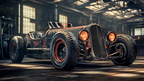 Vintage-style hot rod is parked in an industrial warehouse