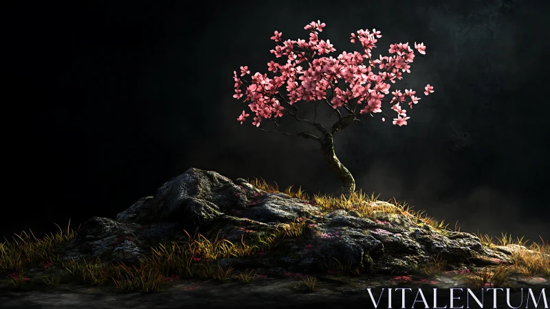 Graceful pink blossom tree glows gently on a rocky hill
