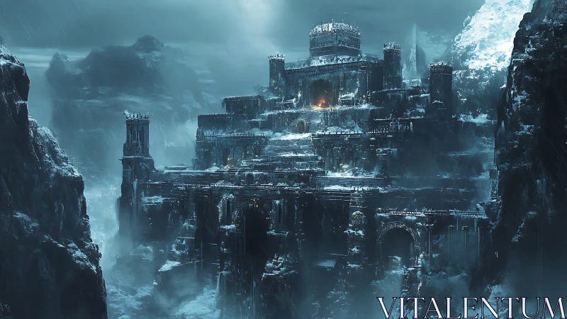 Fortified tiered ice citadel carved into glacial canyon walls