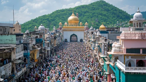 Pilgrims crowd golden-domed shrine amid vibrant hillside city.